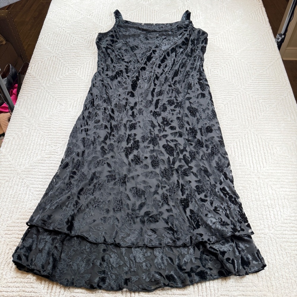 Eva Blue Burnout Velvet Dress Women 22 Black Floral Midi Whimsigoth Goth VTG 90s